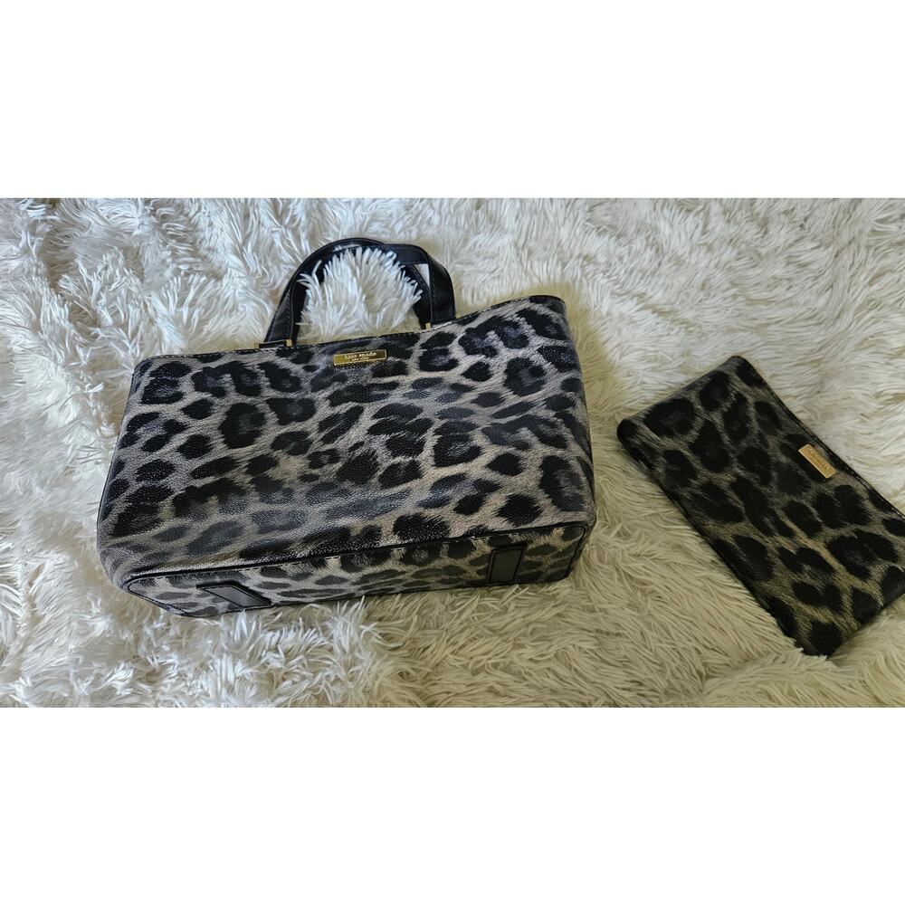 Kate‎ Spade Black Leopard Vinyl Bag w/Matching Pouch Wallet Set Black Gray